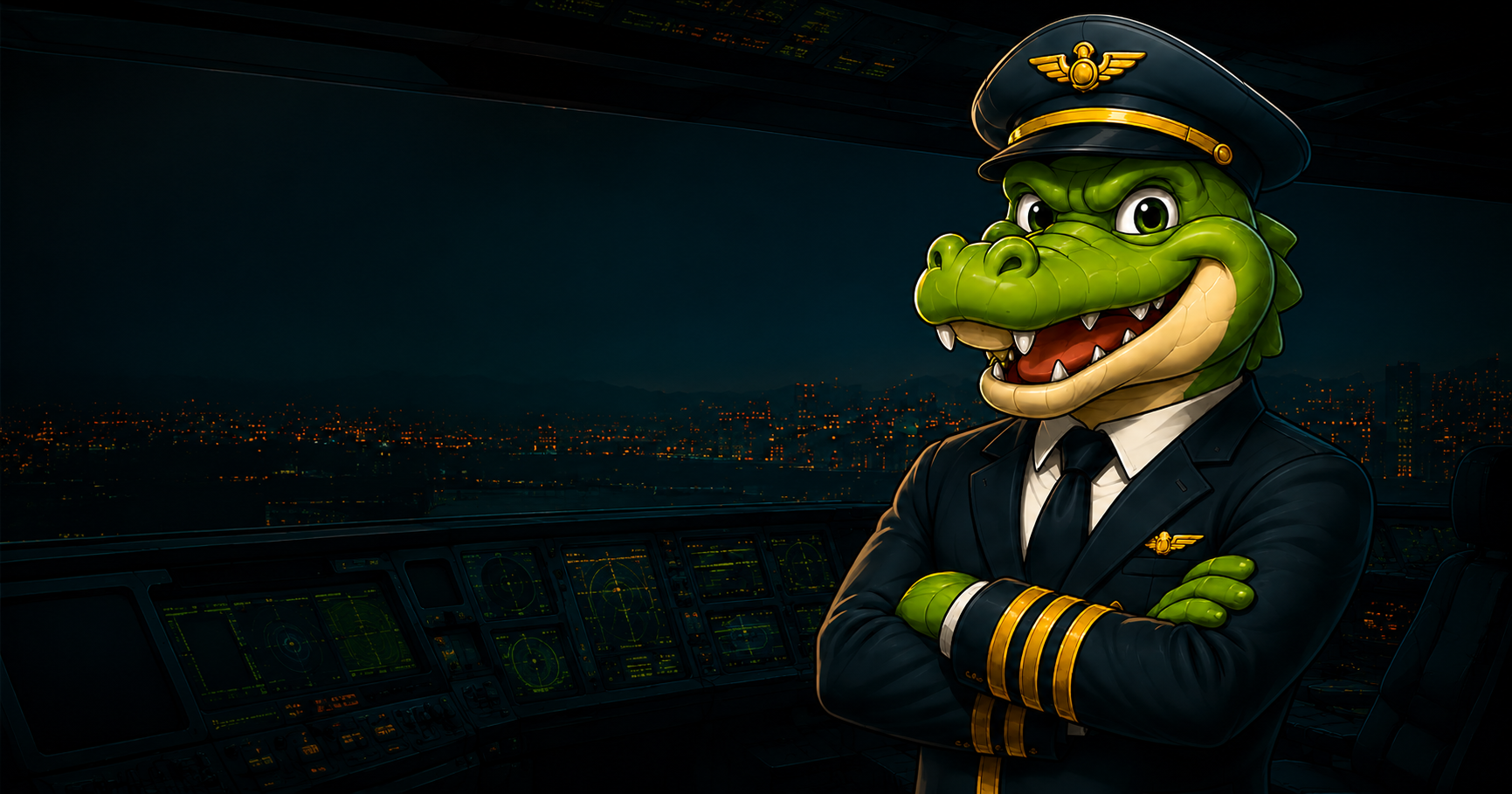 Mascote piloto do DriverGator em cockpit operacional